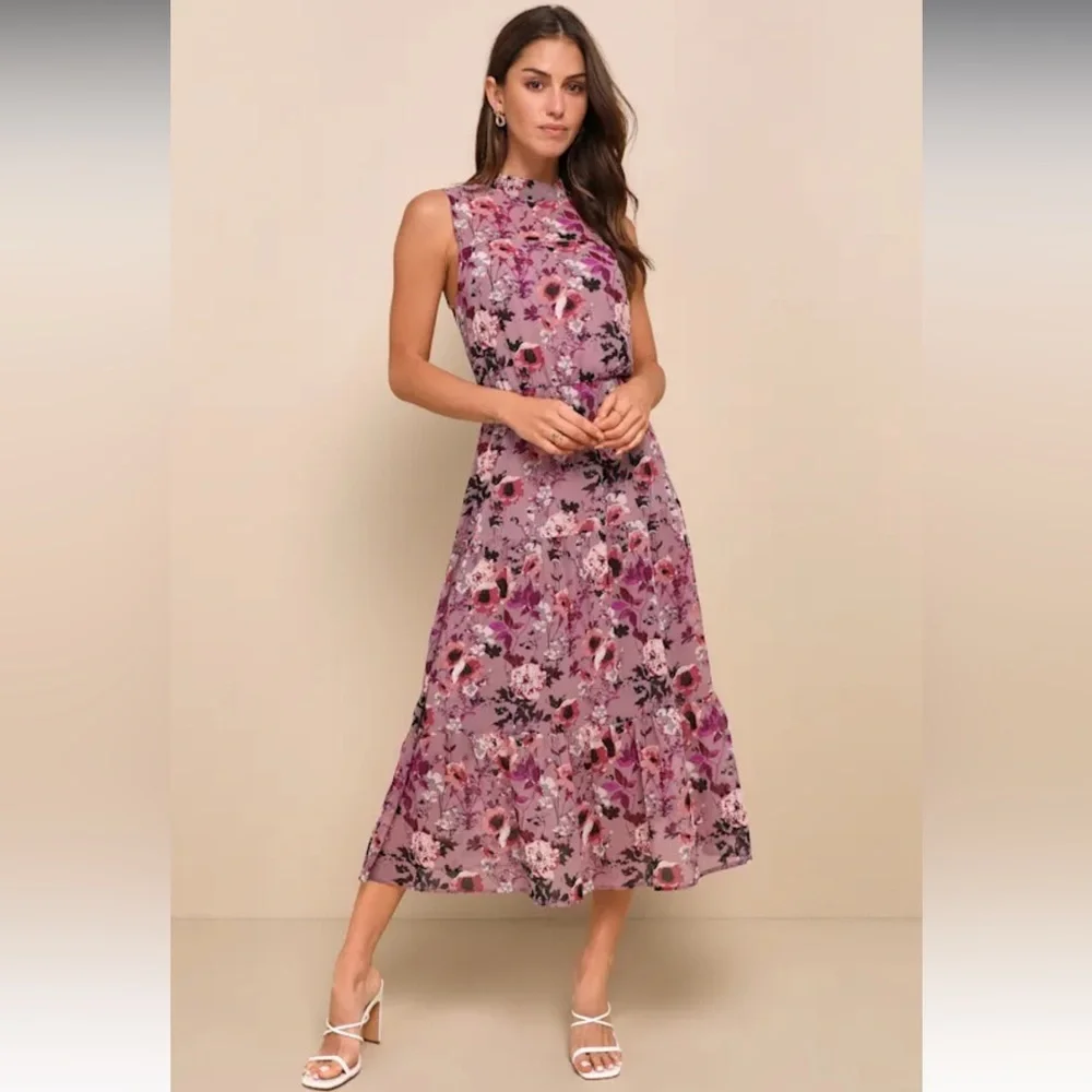 Lulus In My Dreams Mauve Floral Print Midi Dress High Neck A Line Size XS - Picture 1 of 6